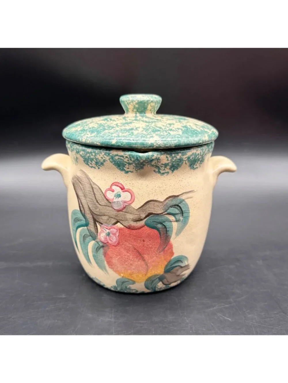 Vintage Grease Jar Container 1990s Peach Handmade Spongeware Pottery Farmhouse